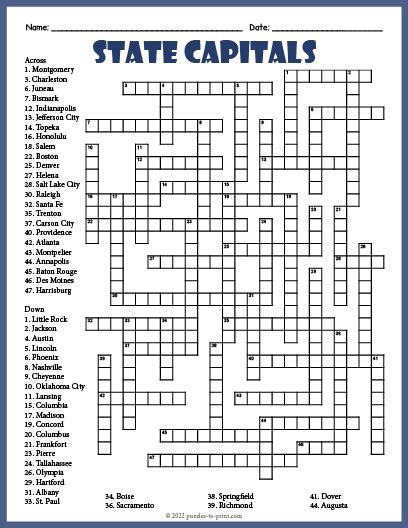 state capital crossword puzzles answers.